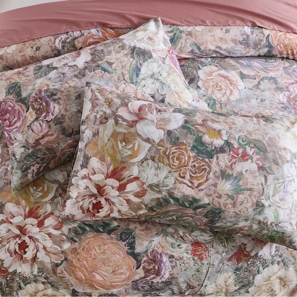 NEW Anthro Pink Floral Multicolor Queen / King Cotton Bedding Duvet & Sham Set
